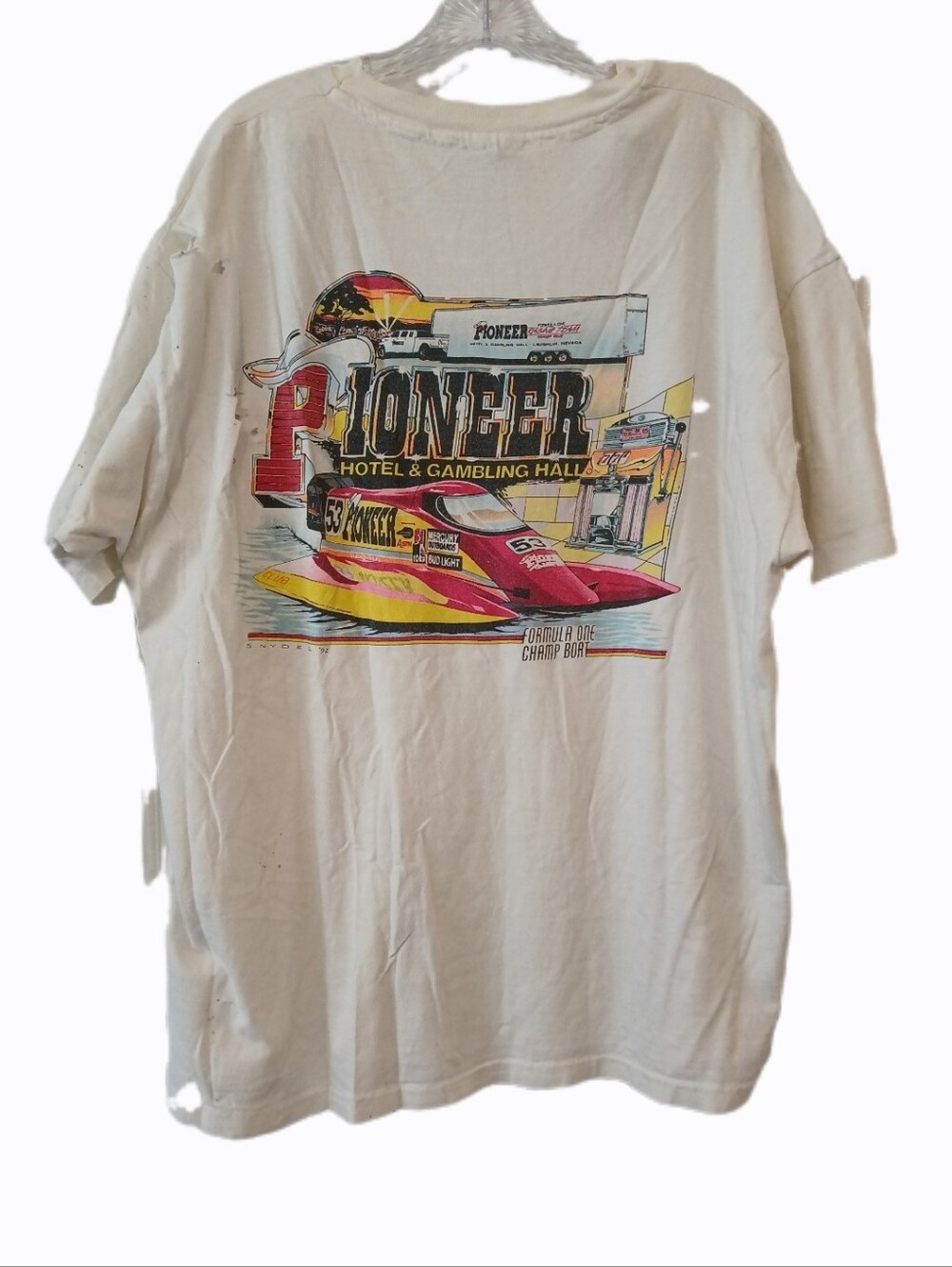 *Poor* VTG Single Stitch XXL PIONEER Cream Tee Shirt Raceboat Graphic 90s